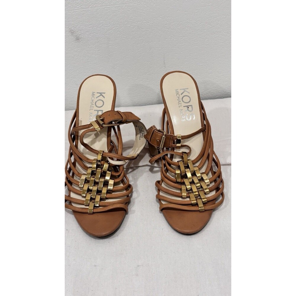 Michael Kors Wedge Sandals Size 8 Brown Leather Strappy Gold Accent Heels - Picture 3 of 11